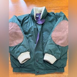 VTG Nautica Down Goose Puffer Green Leather Patches Coat Full Zip Size L